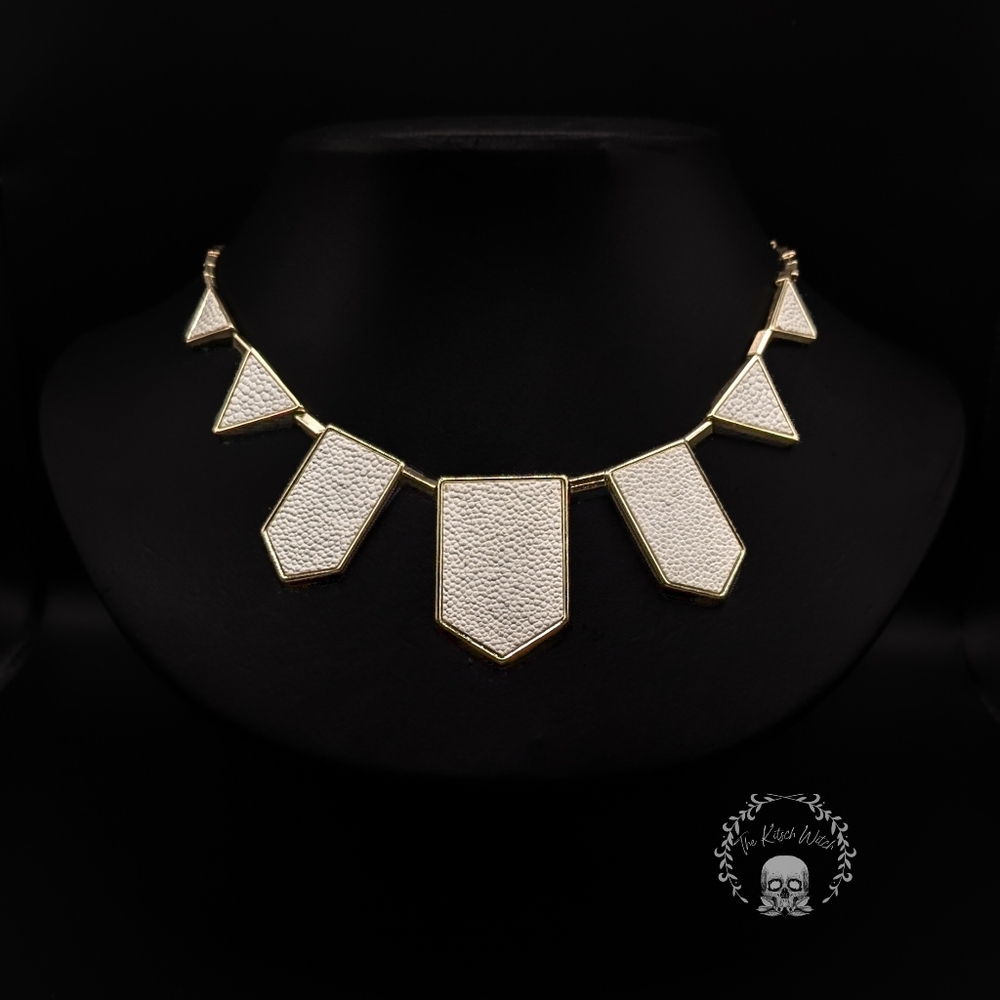 HOUSE OF HARLOW 1960 Gold & Cream Textured Geometric Leather Station Necklace